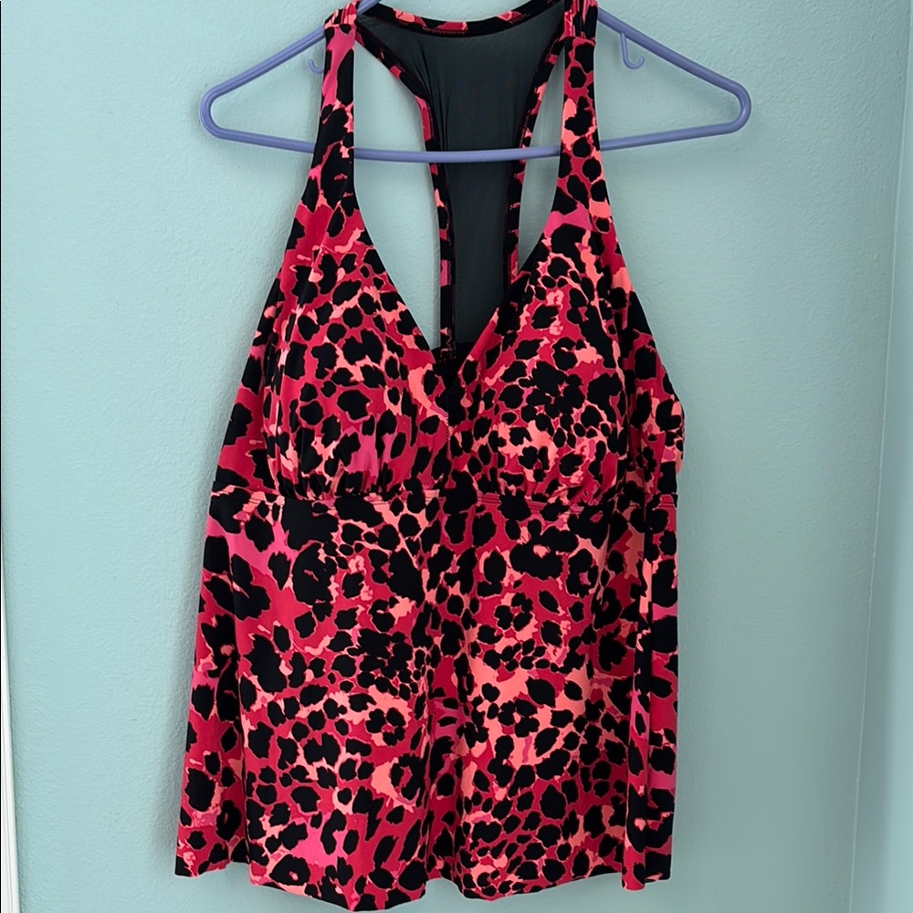 Leopard Print Women's Swim Tankini Top - Red Pink  and Black -New No Tags 16W